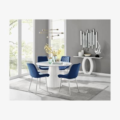 The Range Palma White High Gloss Round Dining Table  Pesaro Silver Leg Chairs - Blue / Dining Table & 4 Chairs