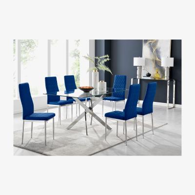 The Range Leonardo 6 Dining Table and 6 Velvet Milan Chairs - Navy