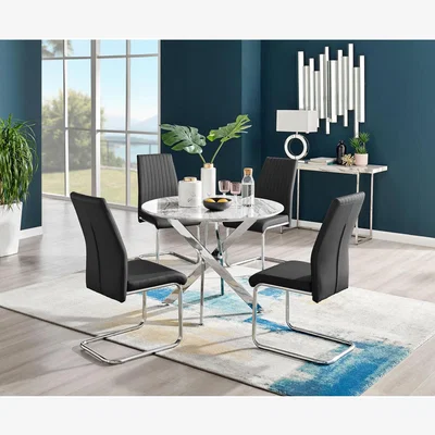 The Range Novara White Marble Effect Dining Table  4 Lorenzo Chairs - Black