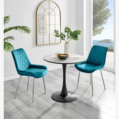 The Range Elina White Marble Effect Round Dining Table and 2 Pesaro Silver Chairs - Blue