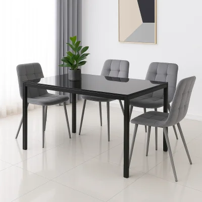 The Range Modern Black Glass Dining Table Set with 4 Grey Dining Chairs - Black