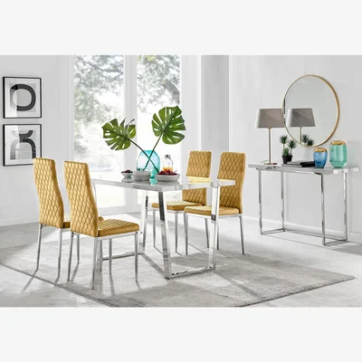 The Range Kylo White Marble Effect Dining Table and 4 Velvet Milan Chairs - Mustard