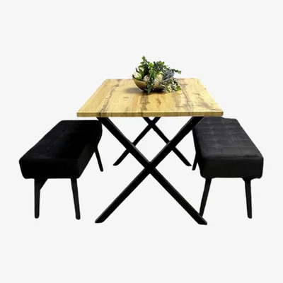 The Range Wooden Brown Dining Table with 2 Black Velvet Padded Benches - Black