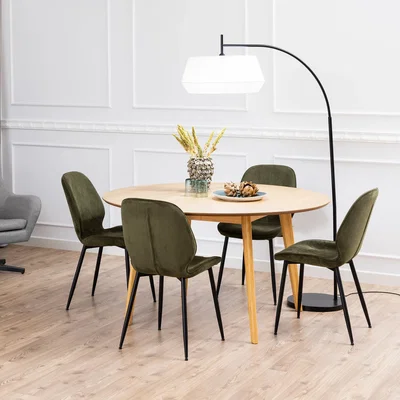 The Range Nagano Round Dining Table in Oak 120cm includes 4 Femke Dining Chairs in Olive Green - Oak & Olive Green