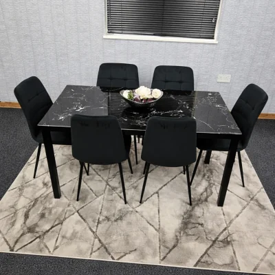 The Range Black Marble Effect Dining Table with 6 Black velvet tuffted Chairs Kitchen Furniture - Black