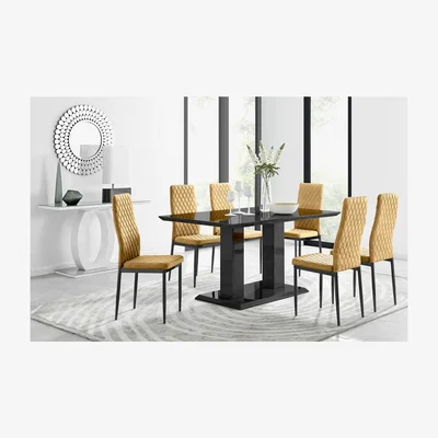 The Range Imperia 6 Black Dining Table and 6 Velvet Milan Black Leg Chairs - Black Table / Mustard Chairs