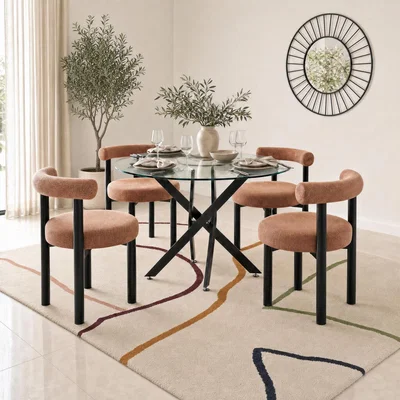 The Range Novara Glass Black Leg Round Dining Table 4 Isola Chairs - Terracotta