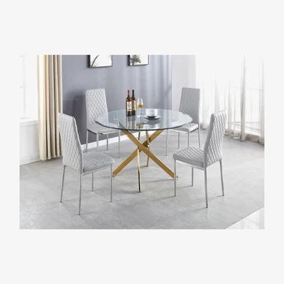 The Range Novara Gold Metal Large Round Dining Table  6 Milan Chairs Set - White