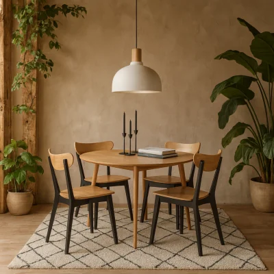 The Range Krakow 5-piece Dining Set - Natural Oak-Effect Round Table and 4 Black Chairs - Black and Natural