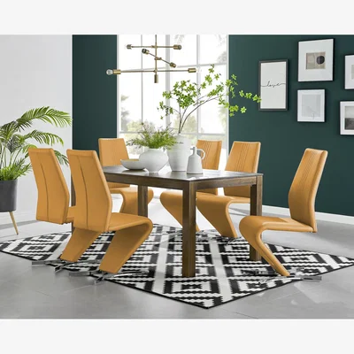 The Range Anders Dark Walnut Wood Dining Table and 6 Willow Chairs - Mustard