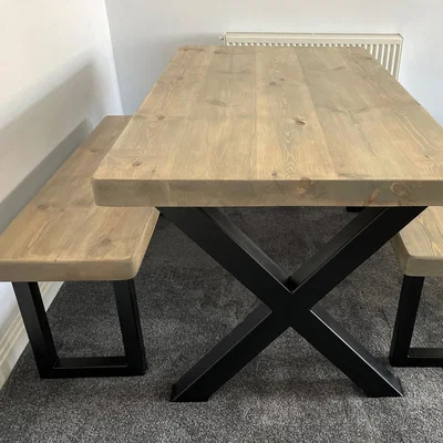 The Range Handmade Chunky Rustic Dining Table plus Bench - Grey Wash - Rugger Brown / 280cm / 112kg