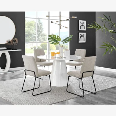 The Range Palma White High Gloss Round Dining Table and 4 Halle Black Leg Chairs - Taupe