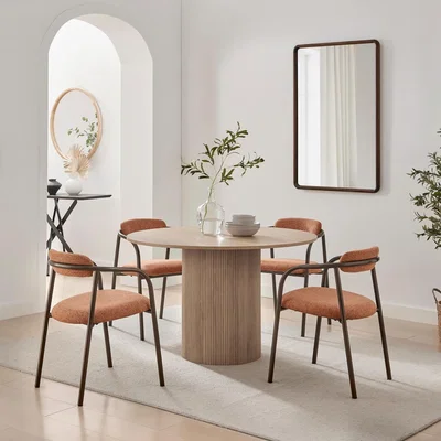 The Range Penrose Round Oak Effect Wood Dining Table 4 Rhea Chairs - Terracotta