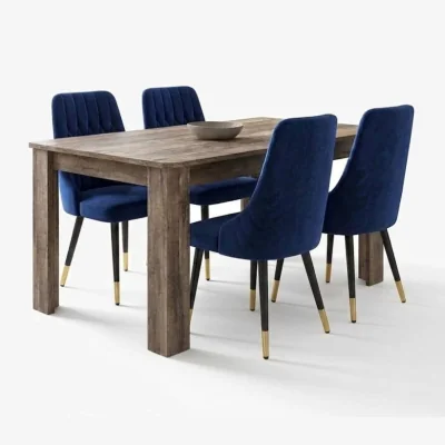 The Range Rustic Wood Effect Dining Table and 4 Blue High Back Velvet Chairs with Gold Tip Legs 4 Seater Set - Blue