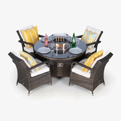The Range Arizona Fire Pit Round Rattan Patio Dining Set - Brown / 4