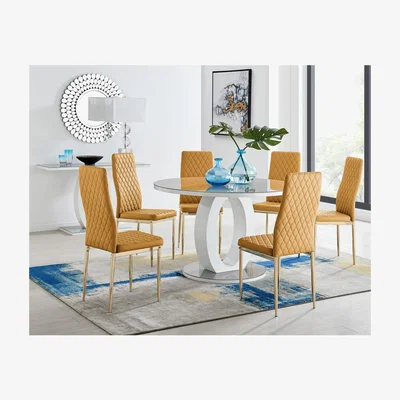 The Range Giovani Round Grey Large 120cm Table  6 Gold Leg Milan Chairs - Mustard