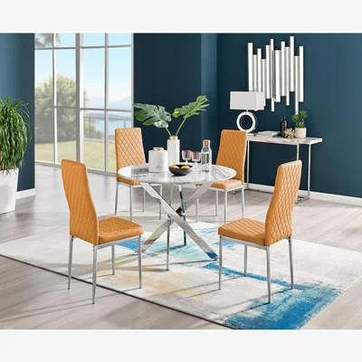 The Range Novara White Marble Effect Dining Table  4 Milan Chrome Leg Chairs - Mustard