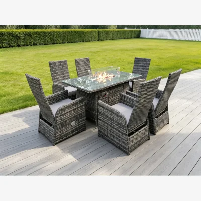 The Range Rattan 6 Seater Gas Fire Pit Rectangular Dining Set Reclining Chairs - Dark Grey Mixed