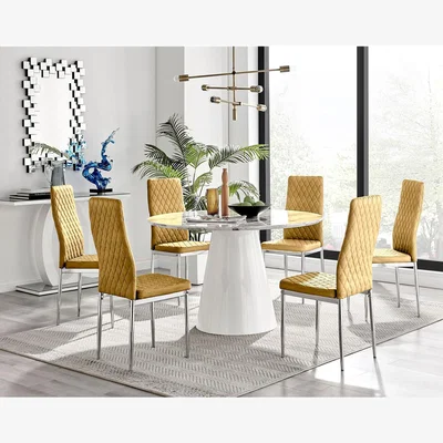 The Range Palma White Marble Effect Round Dining Table and 6 Velvet Milan Chairs - Mustard