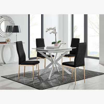 The Range LIRA 100 Extending Dining Table and 4 Velvet Milan Gold Leg Chairs - Black
