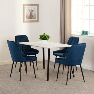 The Range Marlow and Avery Dining Set White Marble Effect - White Marble Effect - Sapphire Blue Velvet