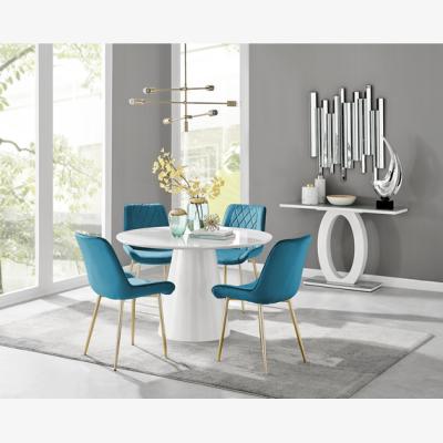 The Range Palma White High Gloss Round Dining Table  Pesaro Gold Leg Chairs - Blue / Dining Table & 4 Chairs