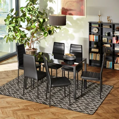 The Range Dining Table  Chairs Brandenburg, 6 Chairs  1 Table, Faux Leather Cover - Black