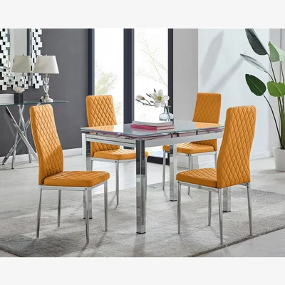 The Range Enna White Glass Extending Modern Kitchen Dining Table and 4 Milan Chairs - Mustard