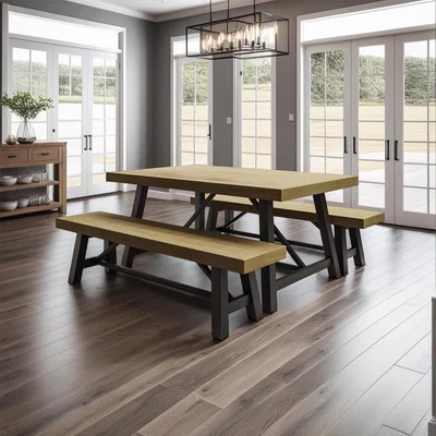 The Range FWStyle 2M Solid Driftwood Lacquered Pine Dining Set - Driftwood Lacquered Pine