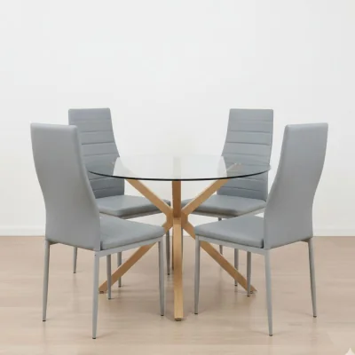 The Range Round Glass Dining Table Set With 4 grey faux leather Chairs Dining Room Furniture - Neutral