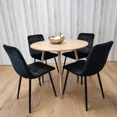 The Range Round Oak Effect Dining Table With 4 Black Velvet Tufted Chairs Dining Set - Oak Black