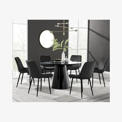 The Range Palma Black Semi-Gloss Round Dining Table Set - Black / Dining Table & 6 Chairs