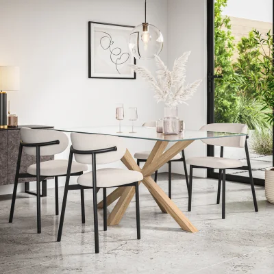 The Range Etta Rectangle Glass Top Dining Table & 4 Myla Linen Chairs - Beige
