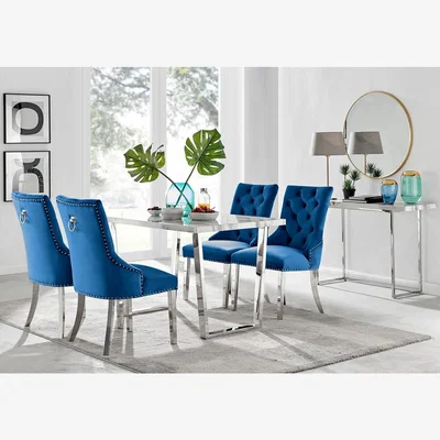 The Range Kylo White Marble Effect Dining Table And 4 Belgravia Chairs - Blue