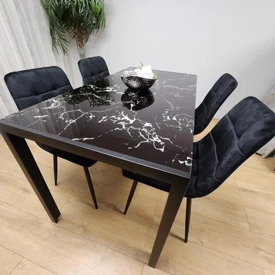 The Range Glass Dining Table and 4 Velvet Chairs Set - Black Marble Effect