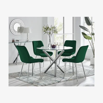 The Range Selina Round Dining Table  4 Pesaro Silver Leg Chairs - Green