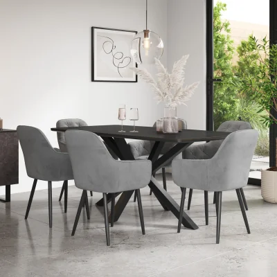 The Range Juno Concrete Ceramic Dining Table With 6 Anika Velvet Black Chairs - Grey