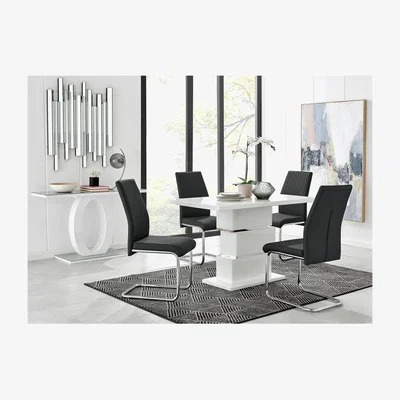 The Range Apollo Rectangle White High Gloss Chrome Dining Table And 4 Lorenzo Chairs - Black