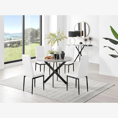 The Range Novara Grey Concrete Black Leg Dining Table  4 Milan Black Leg Chairs - White