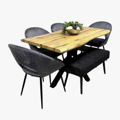The Range Wooden Dining Set with 2 Grey Velvet Chairs and 2 Wooden Benches - Grey