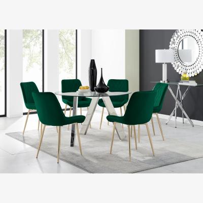 The Range Lugano Round Dining Table and 6 Pesaro Gold Leg Chairs - Green