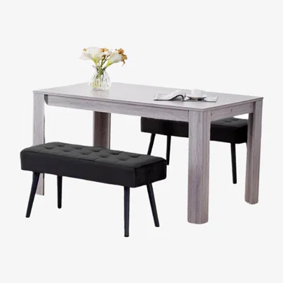The Range Dining Table and 2 Benches 2 Black Velvet Benches Wood Table  - Black