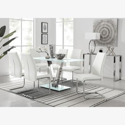 The Range Florini White Glass And Metal V Dining Table and 6 Lorenzo Dining Chairs Set - White
