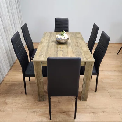 The Range Rustic Effect Table and 6 Black Metal Chairs Kitchen Dining Room Furniture - Black