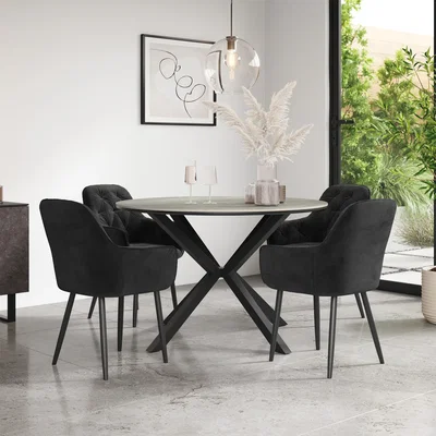 The Range Calne Light Grey Ceramic Round Dining Table With 4 Anika Velvet Chairs - Black
