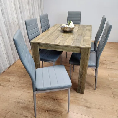 The Range Rustic Effect Table and 6 Grey Metal Chairs Kitchen Dining Room Furniture - Rustic Effect/ Grey