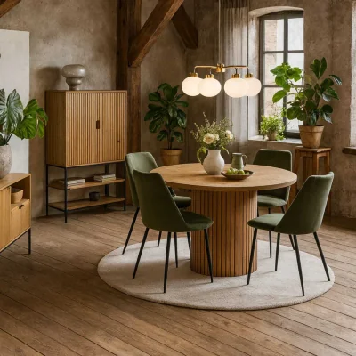 The Range Rome 5-Piece Round Wild Oak-Effect Dining Set with Olive Green Corduroy Chairs - Natural and Green