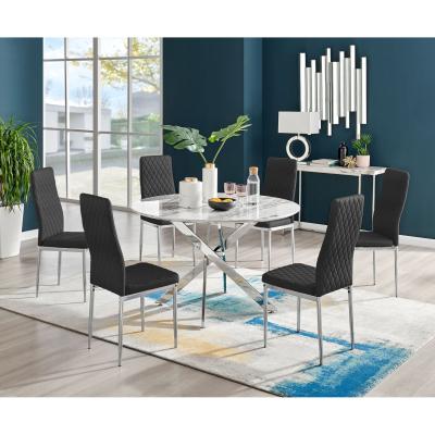 The Range Novara White Marble Effect 120cm Round Dining Table and 6 Velvet Milan Chairs - Black