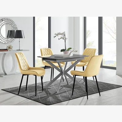 The Range Lira 100cm Grey Metal Extending Dining Table  4 Pesaro Black Leg Chairs - Mustard