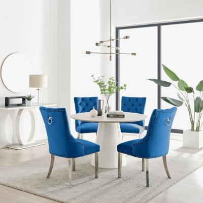 The Range Palma Beige Stone Effect Round Dining Table and 4 Belgravia Chairs - Blue